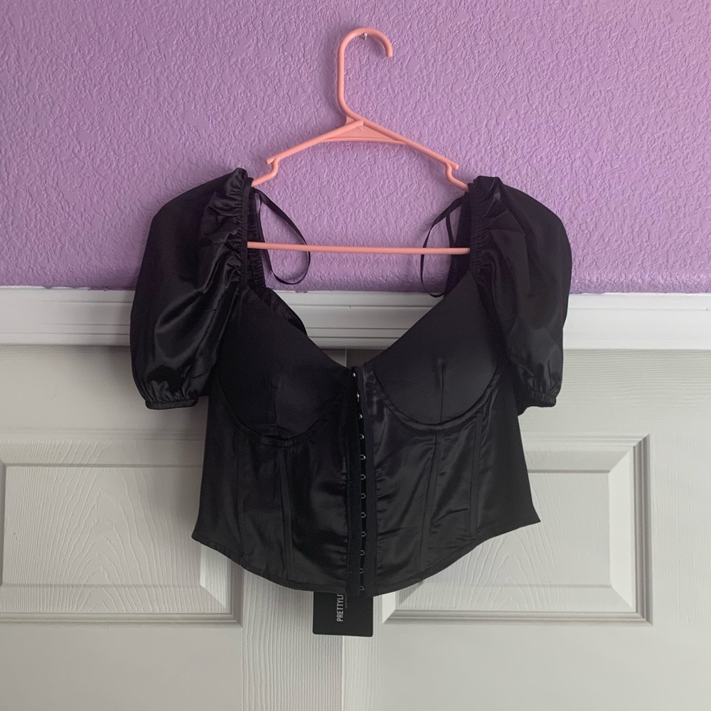 New Black Satin Puff Short Sleeve Cropped Corset